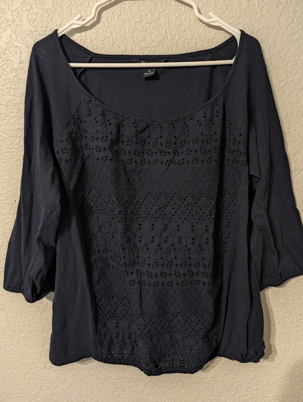 Lucky Brand Navy Blue 3/4 Sleeve Eyelet Lace Blouse, Size XL